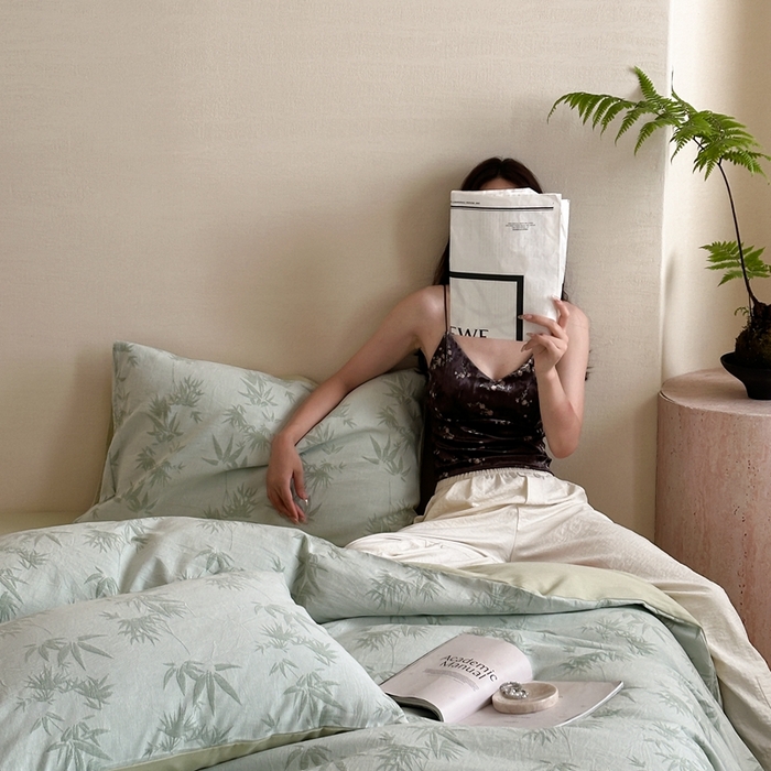 91家纺网 家纺一手货源 找家纺 梦享生活家居 2024新款全棉A类色织大提花四件套 提花竹韵绿