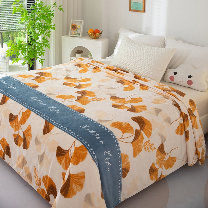 91家纺网 家纺一手货源 找家纺 侨鑫 2024新款法兰绒毛毯 银杏叶