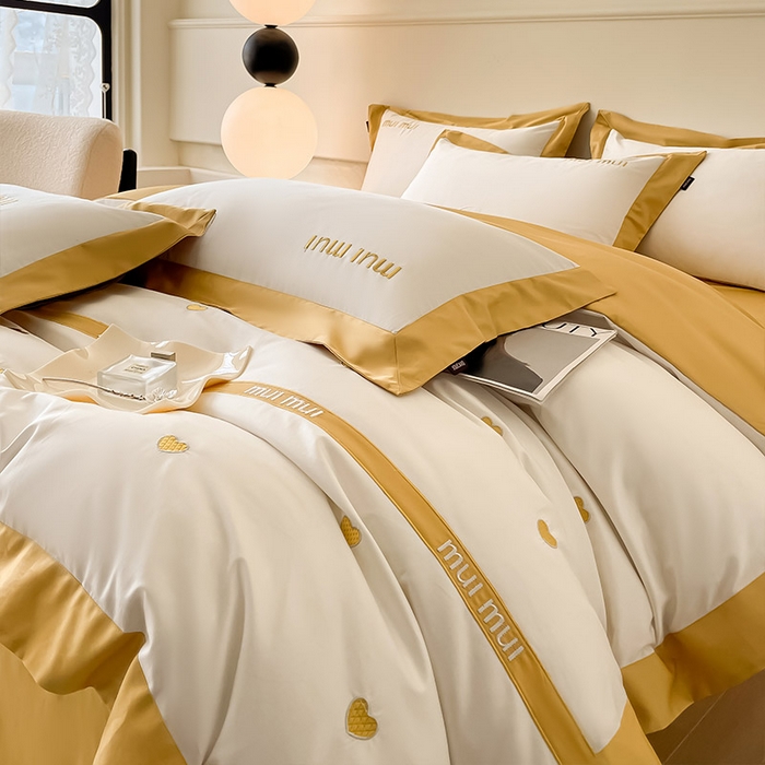 91家纺网 家纺一手货源 找家纺 爱妮菲 2024新款A类母婴级100支长绒棉四件套全棉纯棉轻奢拼接刺绣床单床笠款高端床上用品 琉璃黄