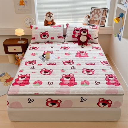 迪梦思 2024新款正版授权卡通牛奶绒床垫床护垫 学生床垫床笠 抱抱草莓熊-床笠款
