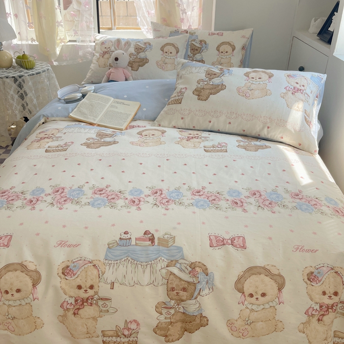 91家纺网 家纺一手货源 找家纺 六巷胡同 2024新款40支全棉纯棉INS洛丽塔卡通甜美少女心系列四件套 聚会萝莉熊