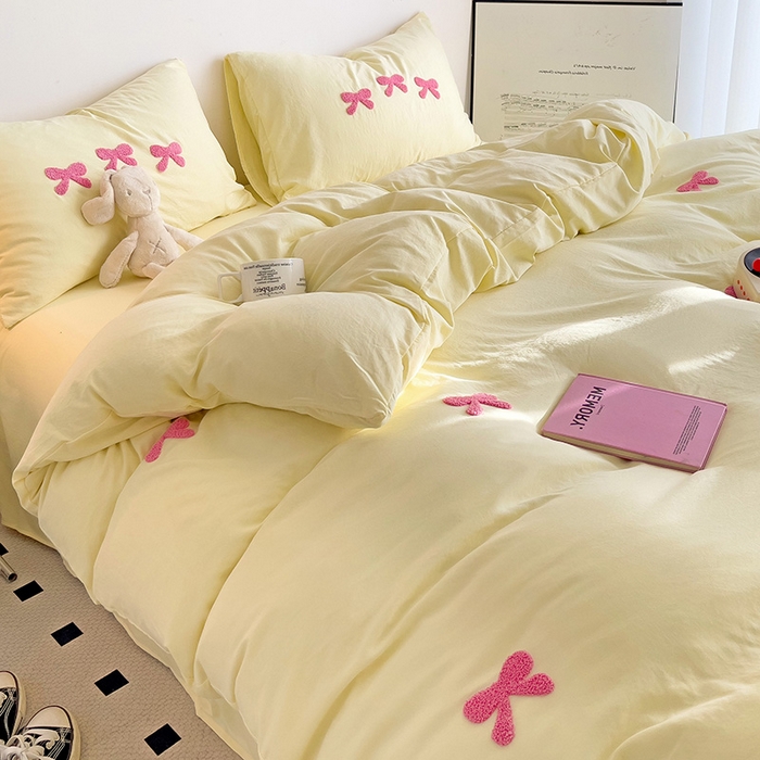 91家纺网 家纺一手货源 找家纺 森璐家纺 2024新款1水洗棉毛巾绣四件套蝴蝶结学生宿舍三件套（含买家秀） 蝴蝶结-黄玫