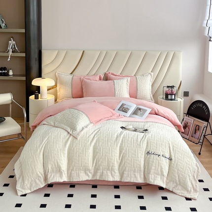 2024秋冬新款时尚宽边立体剪花刺绣加厚牛奶绒四件套-赫莲娜系列 赫莲娜粉玉