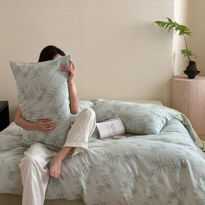 91家纺网 家纺一手货源 找家纺 梦享生活家居 2024新款全棉A类色织大提花四件套 提花竹韵绿