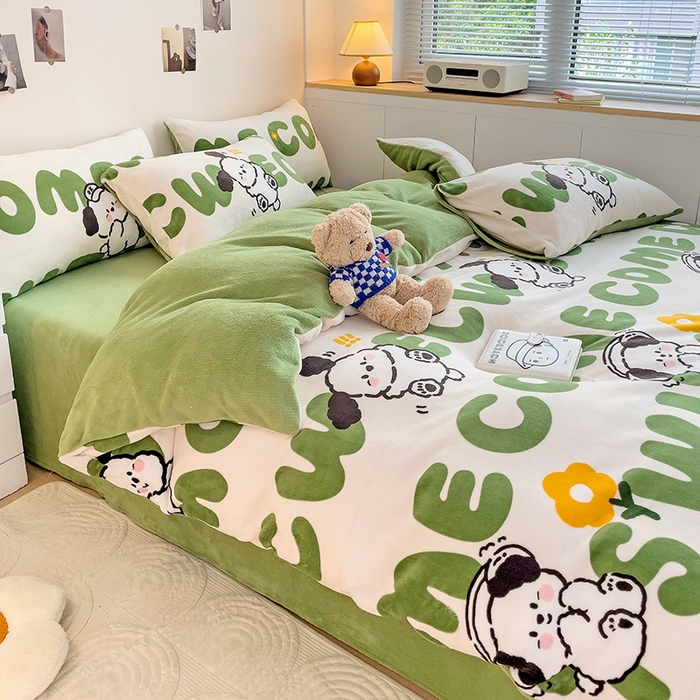 91家纺网 家纺一手货源 找家纺 西引力 2024新款加厚小清新牛奶绒四件套床单款床笠款单被套爆款 欢乐萌宠