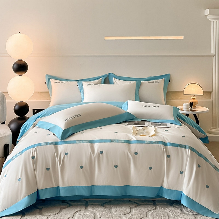 91家纺网 家纺一手货源 找家纺  2024新款A类母婴级100支长绒棉四件套全棉纯棉轻奢拼接刺绣床单床笠款高端床上用品 风铃蓝