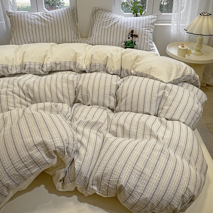 91家纺网 家纺一手货源 找家纺 莱茵家居 2024新款色织提花全棉水洗棉四件套 素瑾-米白