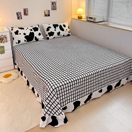 91家纺网 家纺一手货源 找家纺 西引力 2024新款加厚小清新牛奶绒四件套床单款床笠款单被套爆款 黑糖奶牛