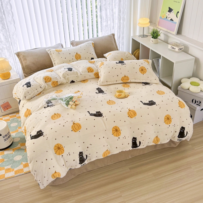 91家纺网 家纺一手货源 找家纺 青螺家纺 2024加厚高克重保暖爆款小清新牛奶绒印花双面绒单被套 猫咪精灵