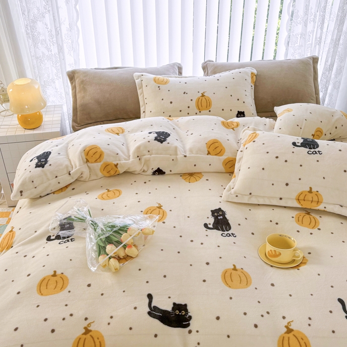 91家纺网 家纺一手货源 找家纺 青螺家纺 2024加厚高克重保暖爆款小清新牛奶绒印花双面绒单被套 猫咪精灵