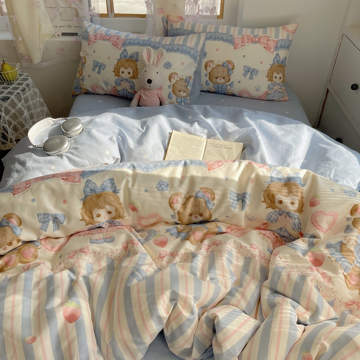 91家纺网 家纺一手货源 找家纺 六巷胡同 2024新款40支全棉纯棉INS洛丽塔卡通甜美少女心系列四件套 甜心公主熊