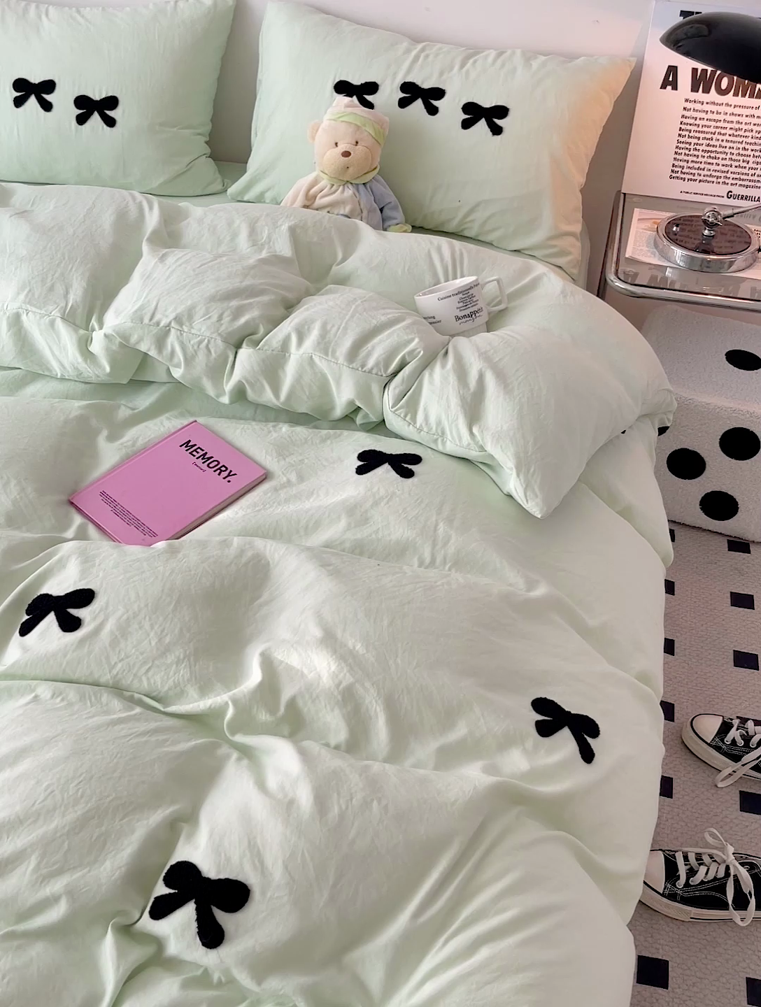 91家纺网 家纺一手货源 找家纺 森璐家纺 2024新款1水洗棉毛巾绣四件套蝴蝶结学生宿舍三件套（含买家秀） 蝴蝶结-藻绿