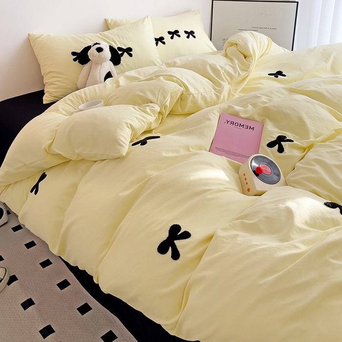 91家纺网 家纺一手货源 找家纺 森璐家纺 2024新款1水洗棉毛巾绣四件套蝴蝶结学生宿舍三件套（含买家秀） 蝴蝶结-黄黑