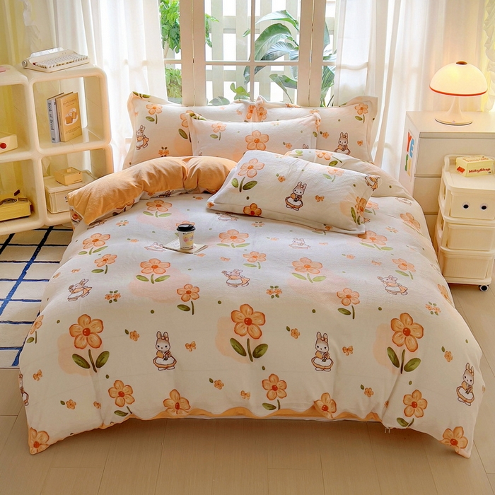 91家纺网 家纺一手货源 找家纺 丝羽坊 2024新款加厚小清新牛奶绒印花四件套单被套床笠四件套-场景二 花小兔