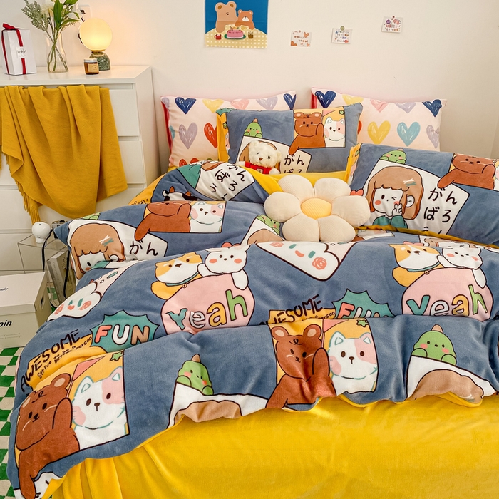 91家纺网 家纺一手货源 找家纺 西引力 2024新款加厚小清新牛奶绒四件套床单款床笠款单被套爆款 加油少年