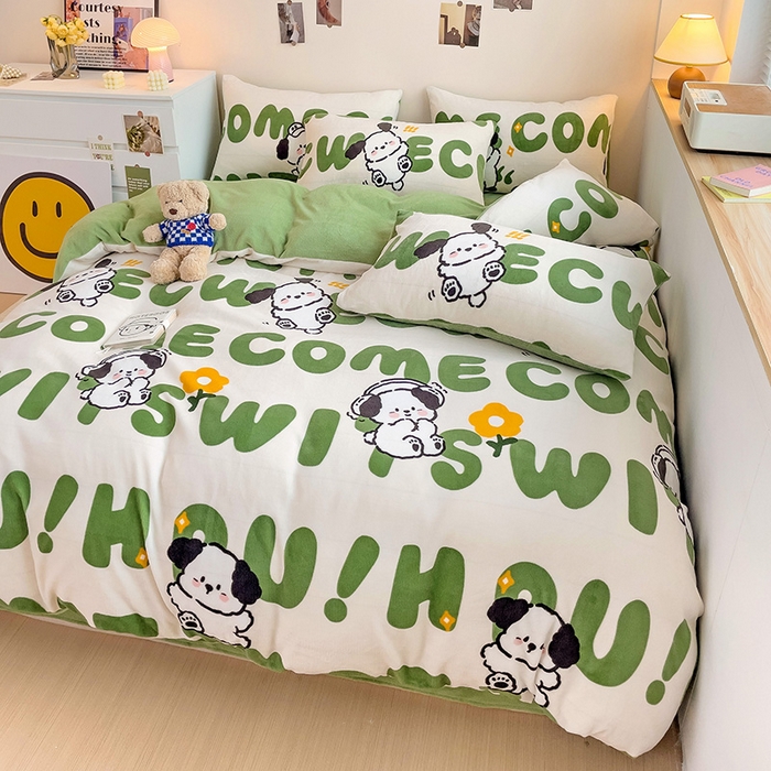 91家纺网 家纺一手货源 找家纺 西引力 2024新款加厚小清新牛奶绒四件套床单款床笠款单被套爆款 欢乐萌宠