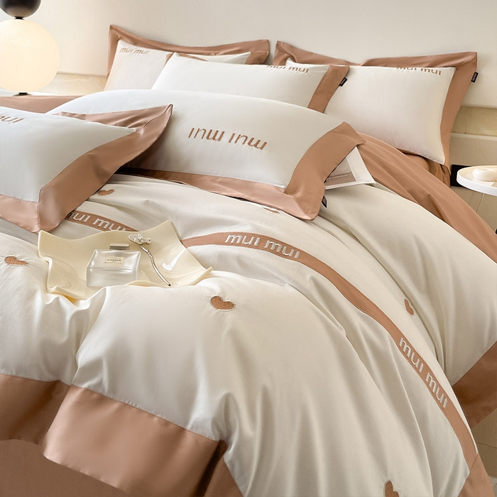 91家纺网 家纺一手货源 找家纺  2024新款A类母婴级100支长绒棉四件套全棉纯棉轻奢拼接刺绣床单床笠款高端床上用品 可卡棕