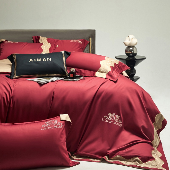 91家纺网 家纺一手货源 找家纺 爱缦 2024新款100支长绒棉澳棉刺绣四件套-卡佩拉 千禧红