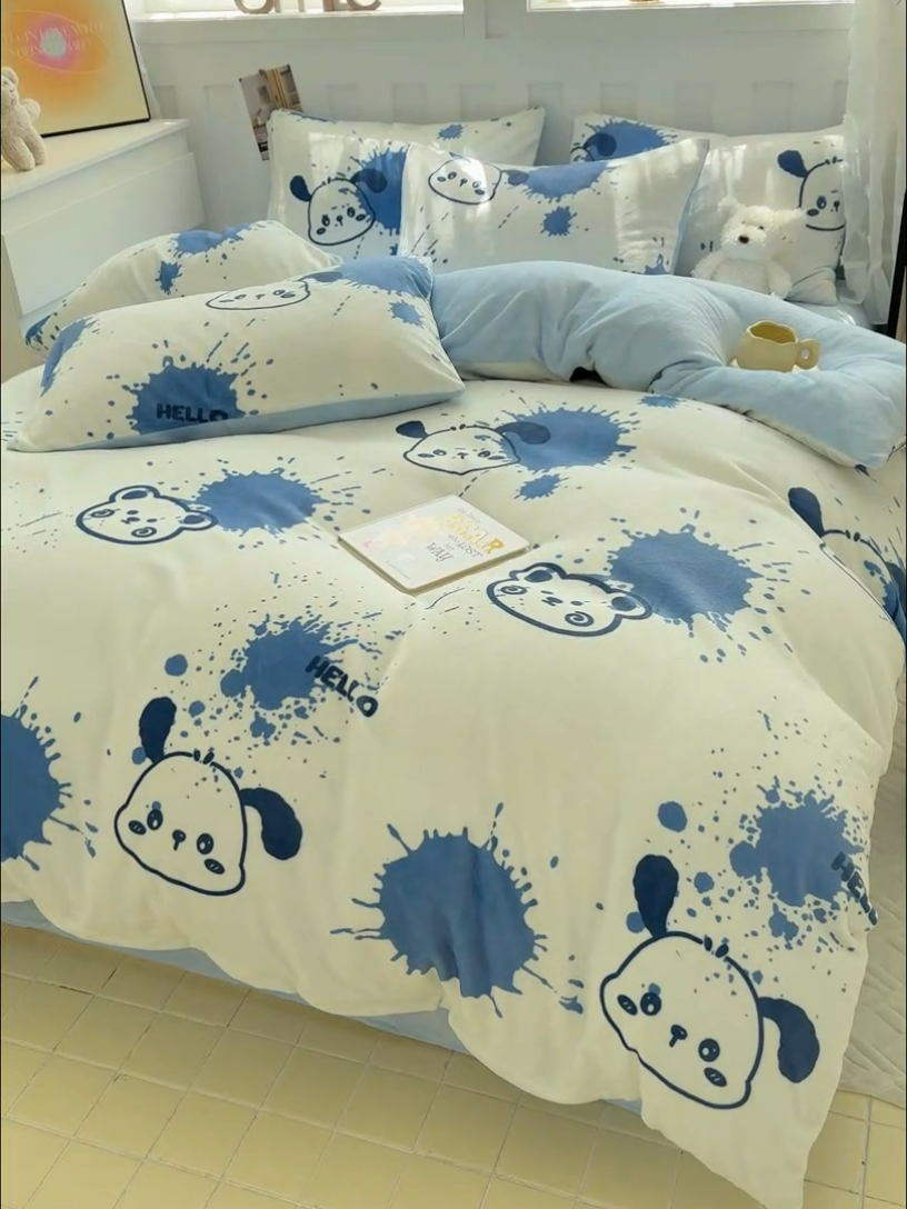 91家纺网 家纺一手货源 找家纺 枋梢家纺 2024新款加厚牛奶绒印花四件套 爱心蓝熊