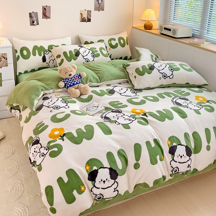 91家纺网 家纺一手货源 找家纺 西引力 2024新款加厚小清新牛奶绒四件套床单款床笠款单被套爆款 欢乐萌宠