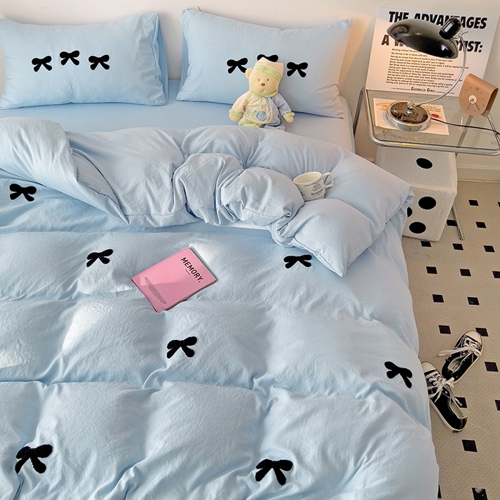 91家纺网 家纺一手货源 找家纺 森璐家纺 2024新款1水洗棉毛巾绣四件套蝴蝶结学生宿舍三件套（含买家秀） 蝴蝶结-蓝色