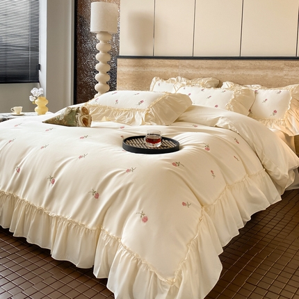 2025新款13376喷气纯棉全棉花边刺绣四件套-玫瑰 玫瑰-奶白