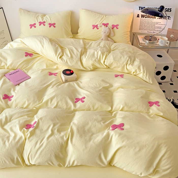 91家纺网 家纺一手货源 找家纺 森璐家纺 2024新款1水洗棉毛巾绣四件套蝴蝶结学生宿舍三件套（含买家秀） 蝴蝶结-黄玫