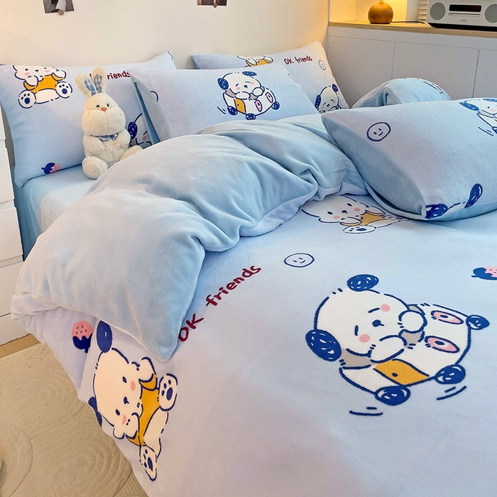 91家纺网 家纺一手货源 找家纺 西引力 2024新款加厚小清新牛奶绒四件套床单款床笠款单被套爆款 调皮狗蓝