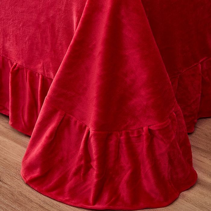 91家纺网 家纺一手货源 找家纺 绣女坊 2024新款韩版花边绣花牛奶绒四件套 大红色