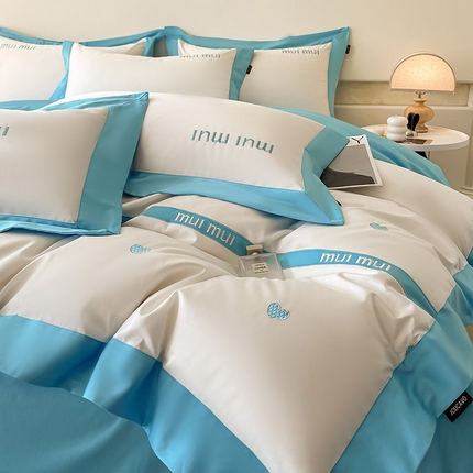  2024新款A类母婴级100支长绒棉四件套全棉纯棉轻奢拼接刺绣床单床笠款高端床上用品 风铃蓝