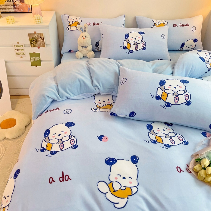 91家纺网 家纺一手货源 找家纺 西引力 2024新款加厚小清新牛奶绒四件套床单款床笠款单被套爆款 调皮狗蓝