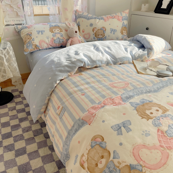 91家纺网 家纺一手货源 找家纺 六巷胡同 2024新款40支全棉纯棉INS洛丽塔卡通甜美少女心系列四件套 甜心公主熊