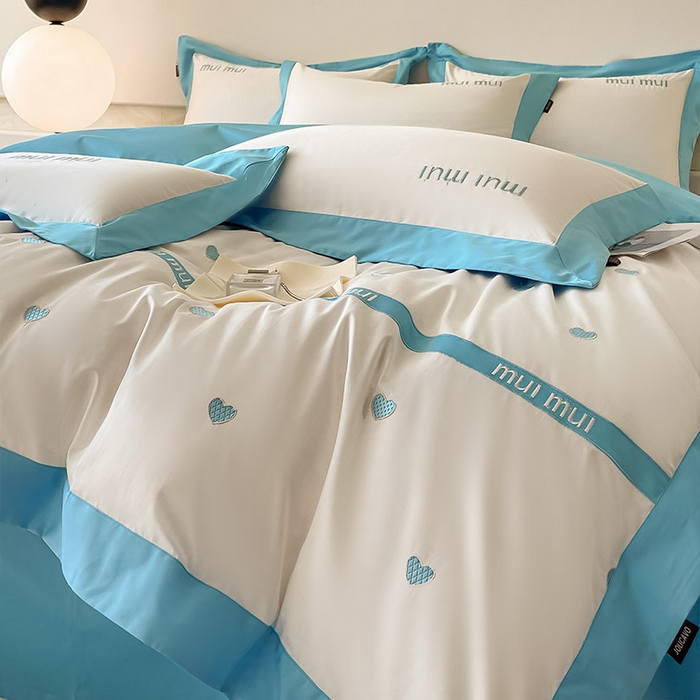 91家纺网 家纺一手货源 找家纺  2024新款A类母婴级100支长绒棉四件套全棉纯棉轻奢拼接刺绣床单床笠款高端床上用品 风铃蓝