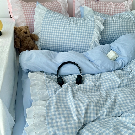 91家纺网 家纺一手货源 找家纺 山茶 2024新款格子水洗棉花边款四件套 格子蓝