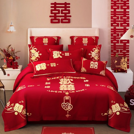 千禧家纺 2024新款双面长绒棉磨毛加厚保暖绣花婚庆套件 欢喜