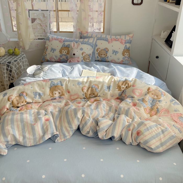 91家纺网 家纺一手货源 找家纺 六巷胡同 2024新款40支全棉纯棉INS洛丽塔卡通甜美少女心系列四件套 甜心公主熊