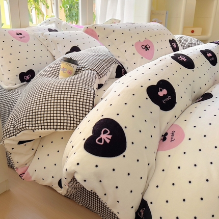 丝羽坊 2024新款加厚小清新牛奶绒印花四件套单被套床笠四件套-场景二 伊心恋 