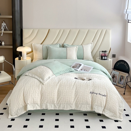 2024秋冬新款时尚宽边立体剪花刺绣加厚牛奶绒四件套-赫莲娜系列 赫莲娜嫩绿