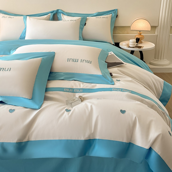 91家纺网 家纺一手货源 找家纺  2024新款A类母婴级100支长绒棉四件套全棉纯棉轻奢拼接刺绣床单床笠款高端床上用品 风铃蓝