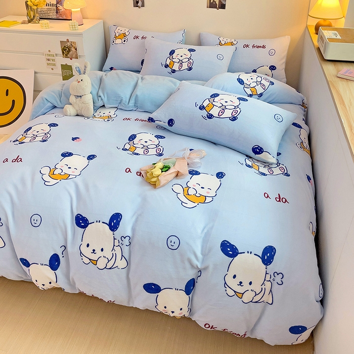 91家纺网 家纺一手货源 找家纺 西引力 2024新款加厚小清新牛奶绒四件套床单款床笠款单被套爆款 调皮狗蓝