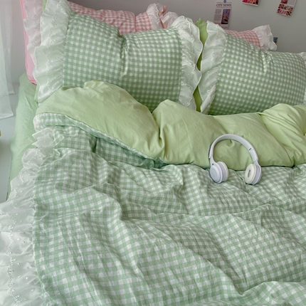 山茶 2024新款格子水洗棉花边款四件套 格子绿