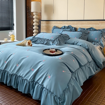 2025新款13376喷气纯棉全棉花边刺绣四件套-玫瑰 玫瑰-宝蓝