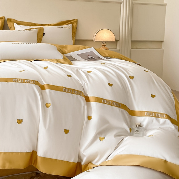 91家纺网 家纺一手货源 找家纺 爱妮菲 2024新款A类母婴级100支长绒棉四件套全棉纯棉轻奢拼接刺绣床单床笠款高端床上用品 琉璃黄