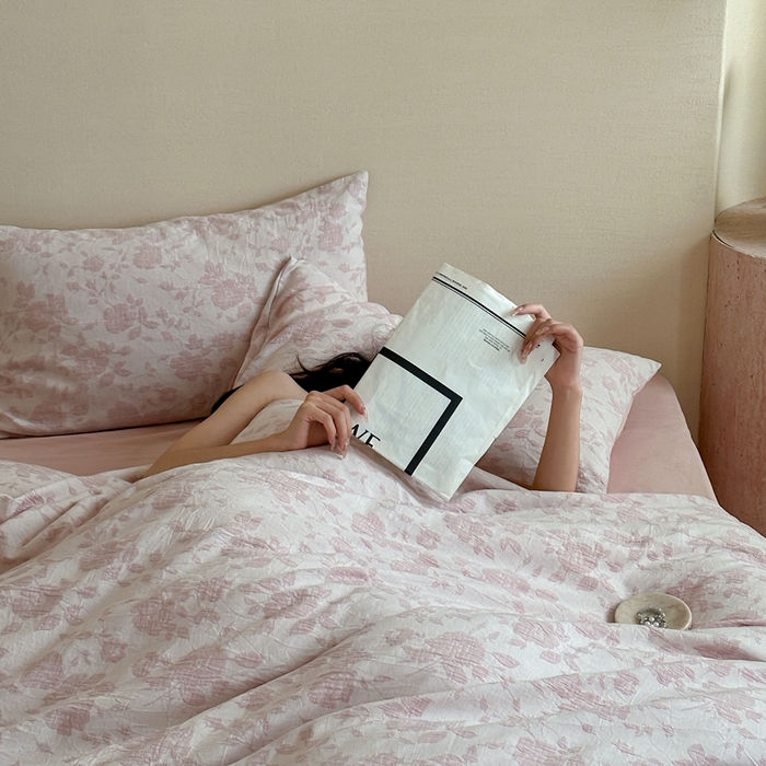 91家纺网 家纺一手货源 找家纺 梦享生活家居 2024新款全棉A类色织大提花四件套 提花粉黛