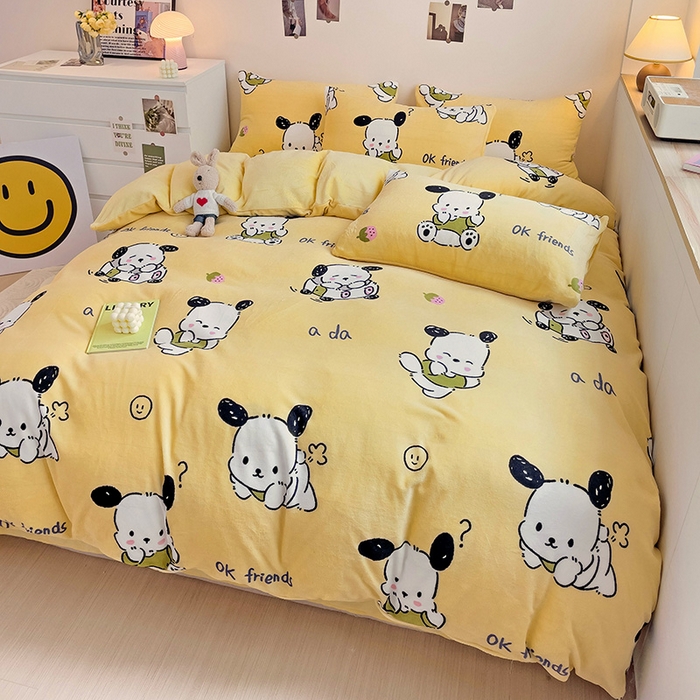 91家纺网 家纺一手货源 找家纺 西引力 2024新款加厚小清新牛奶绒四件套床单款床笠款单被套爆款 调皮狗黄