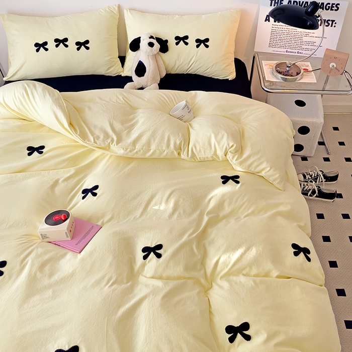 91家纺网 家纺一手货源 找家纺 森璐家纺 2024新款1水洗棉毛巾绣四件套蝴蝶结学生宿舍三件套（含买家秀） 蝴蝶结-黄黑