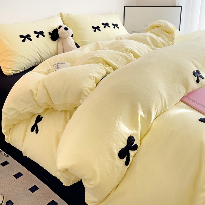 91家纺网 家纺一手货源 找家纺 森璐家纺 2024新款1水洗棉毛巾绣四件套蝴蝶结学生宿舍三件套（含买家秀） 蝴蝶结-黄黑