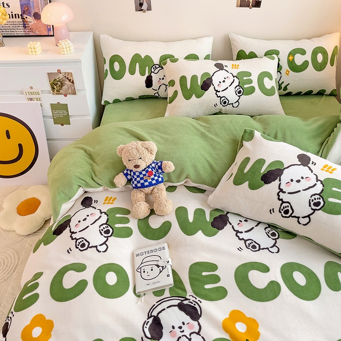 91家纺网 家纺一手货源 找家纺 西引力 2024新款加厚小清新牛奶绒四件套床单款床笠款单被套爆款 欢乐萌宠