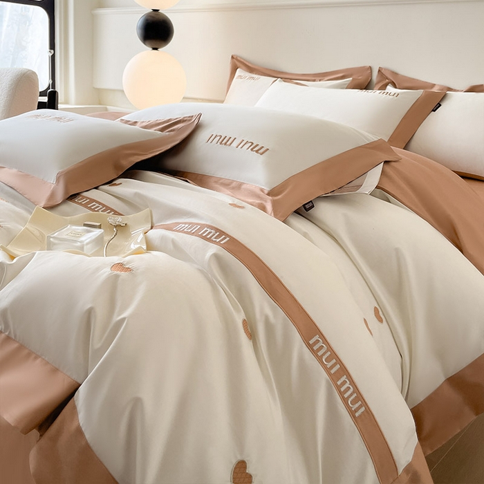 91家纺网 家纺一手货源 找家纺  2024新款A类母婴级100支长绒棉四件套全棉纯棉轻奢拼接刺绣床单床笠款高端床上用品 可卡棕