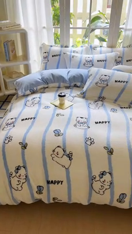 91家纺网 家纺一手货源 找家纺 丝羽坊 2024新款加厚小清新牛奶绒印花四件套单被套床笠四件套-场景二 可爱猫